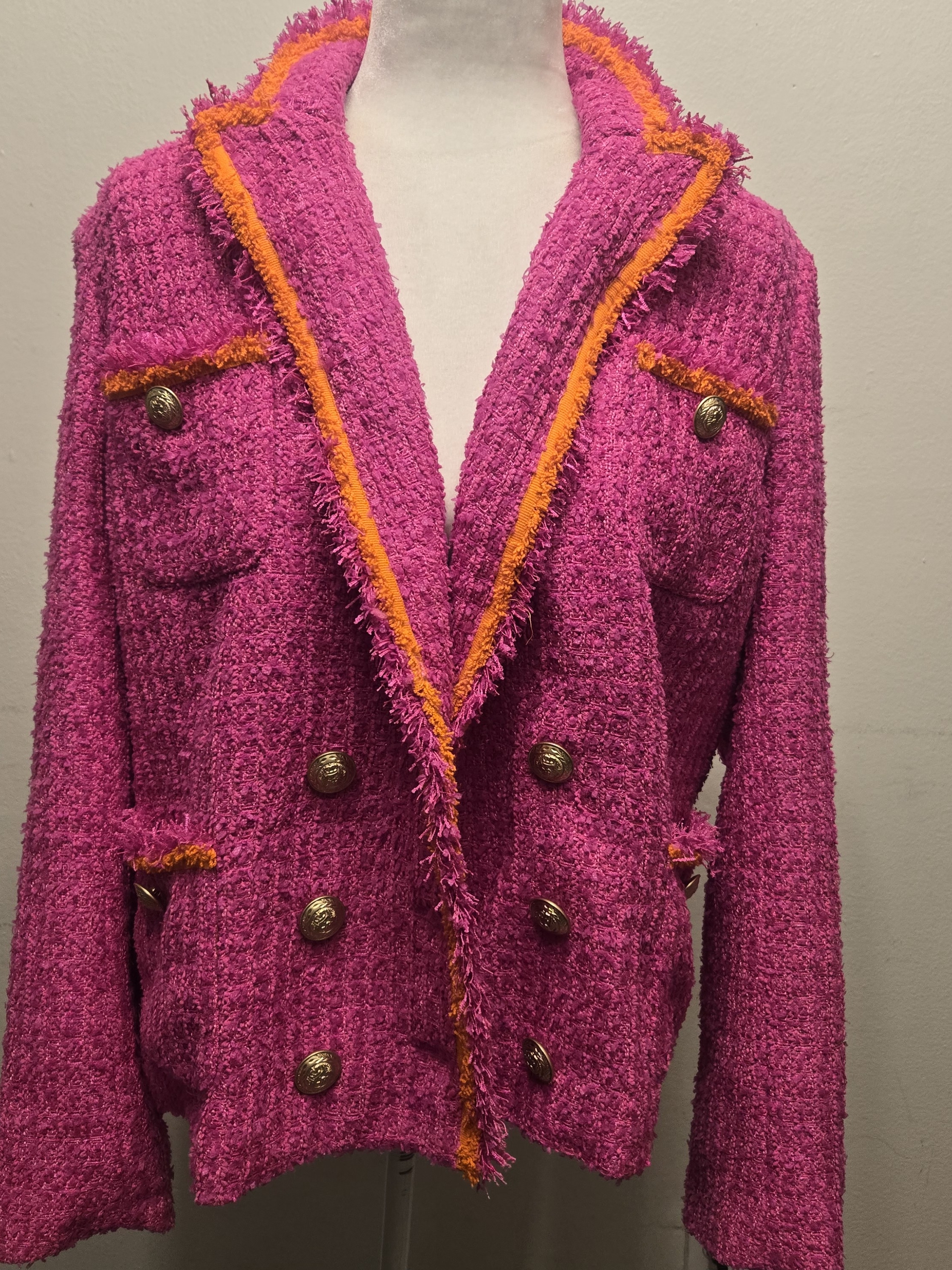 L'agence Hot Pink Boucl Double-Breasted Jacket With Orange Trim